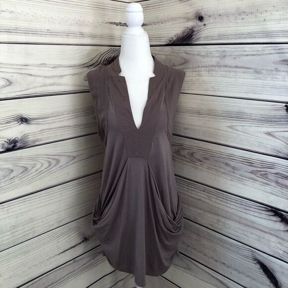 Mystree Taupe Deep V Neck Surplus Pocket Tunic Tank Top - Picture 1 of 7